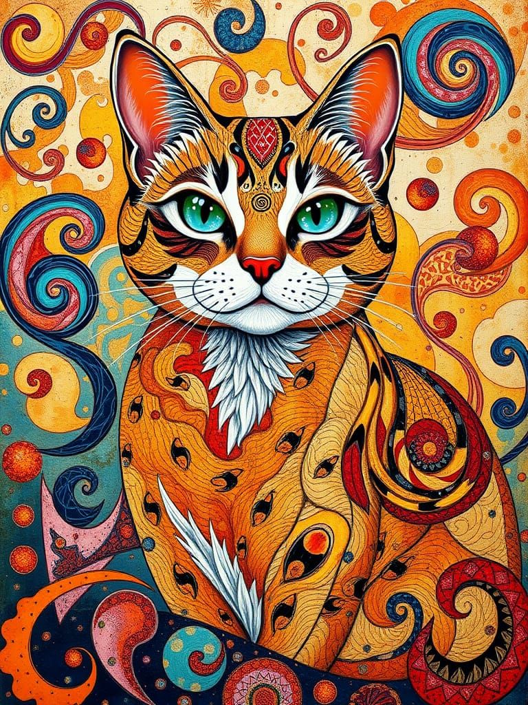 Surrealistic Feline Tapestry: Swirling Patterns in Vibrant C...
