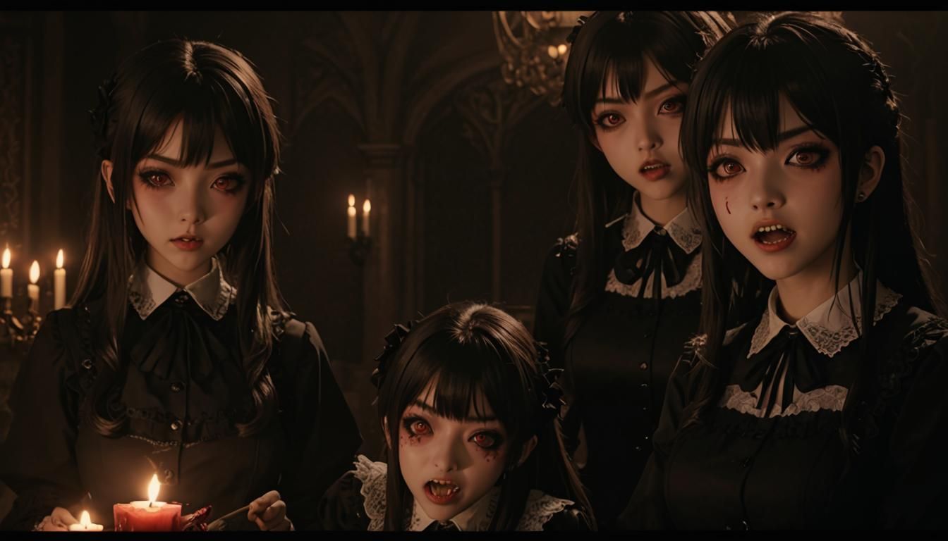Dark Gothic Lolita Vampire Girls Scowl in Anime Key Visual S...