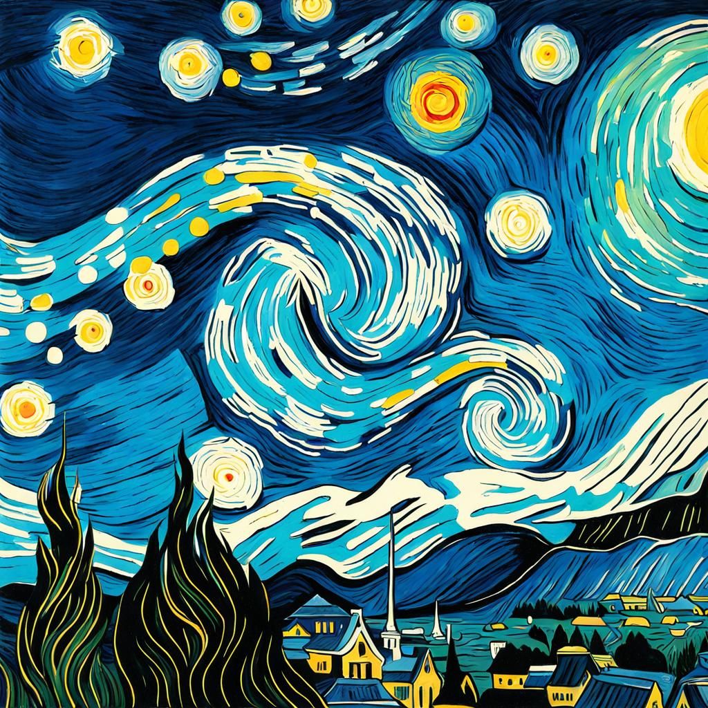 Starry Night Gouache Painting in Van Gogh Style
