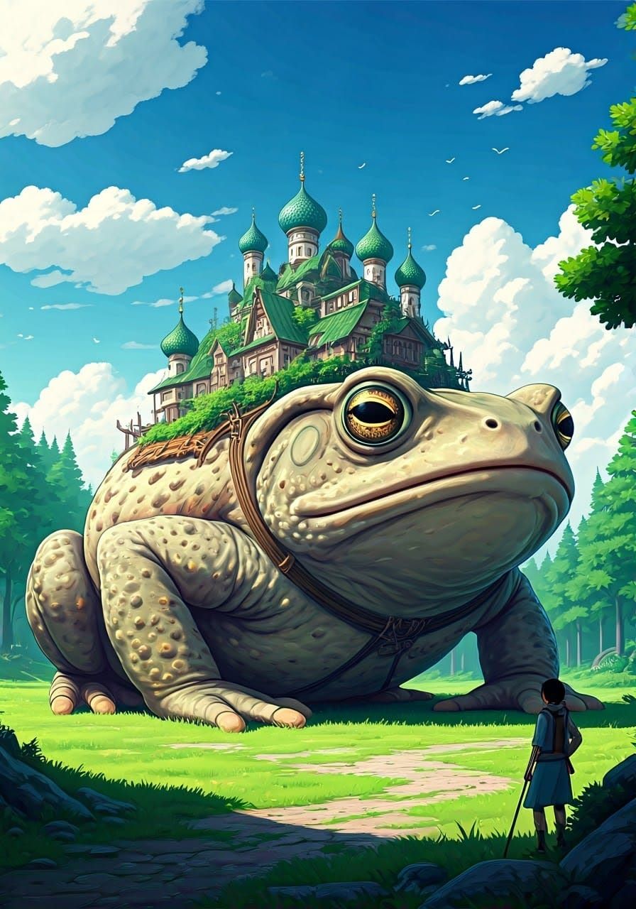 Giant Toad Carrying Fantasy Village, Ghibli Style