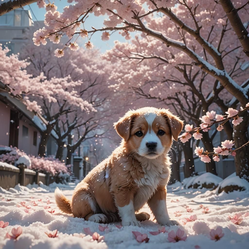Puppy in Cherry Blossoms: Cinematic Digital Painting