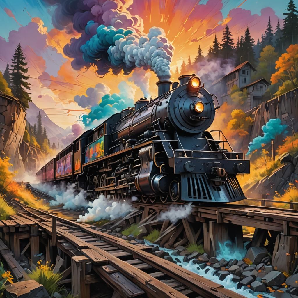 Sunrise Steam Train Graffiti Art on Wooden Bridge