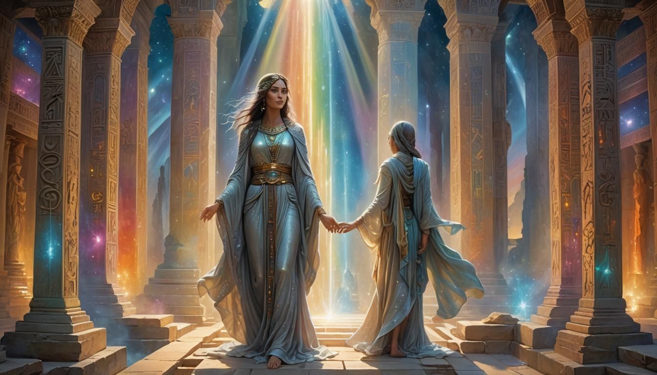 Mystical Woman at Ancient Temple Portal