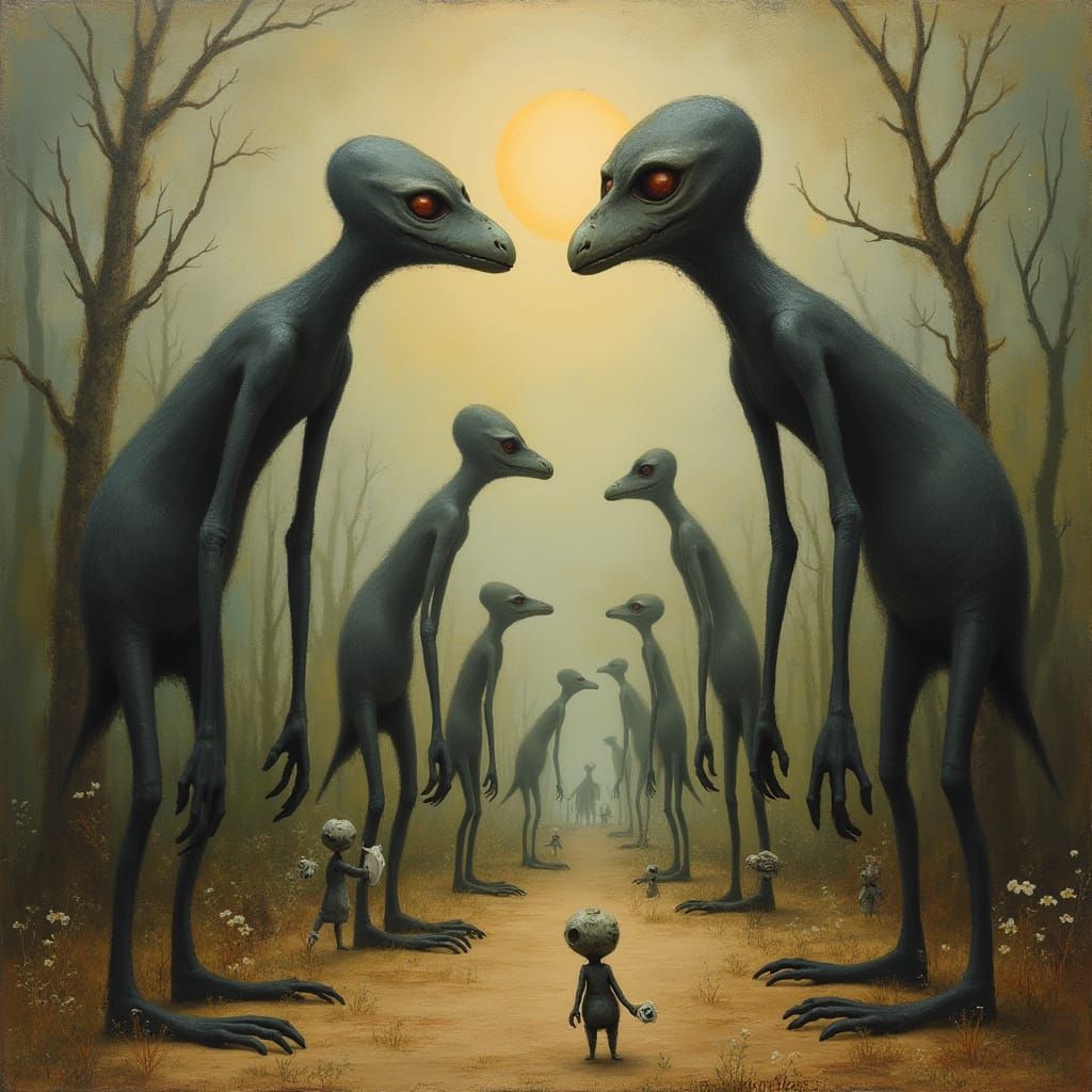 Surreal Halloween Scene with Elongated Figures