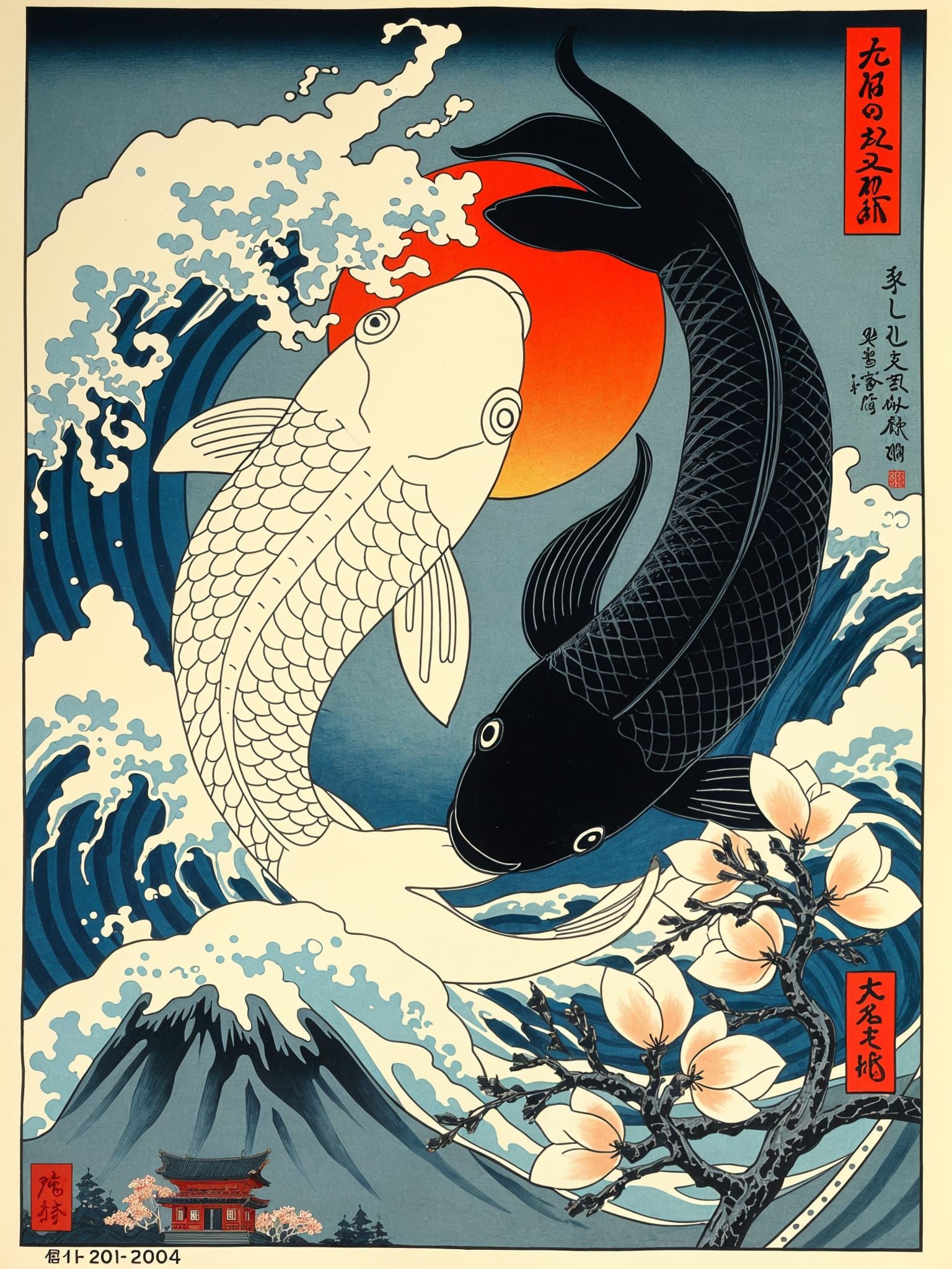 Yin Yang Koi Fish in Ukiyo-e Woodblock Print
