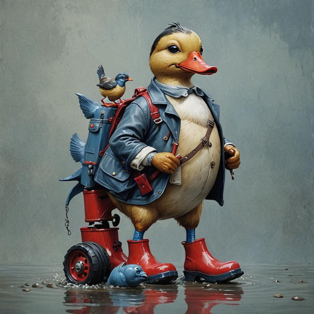 Biker Duck and Blue Fish on Wheels, Rutkowski Style