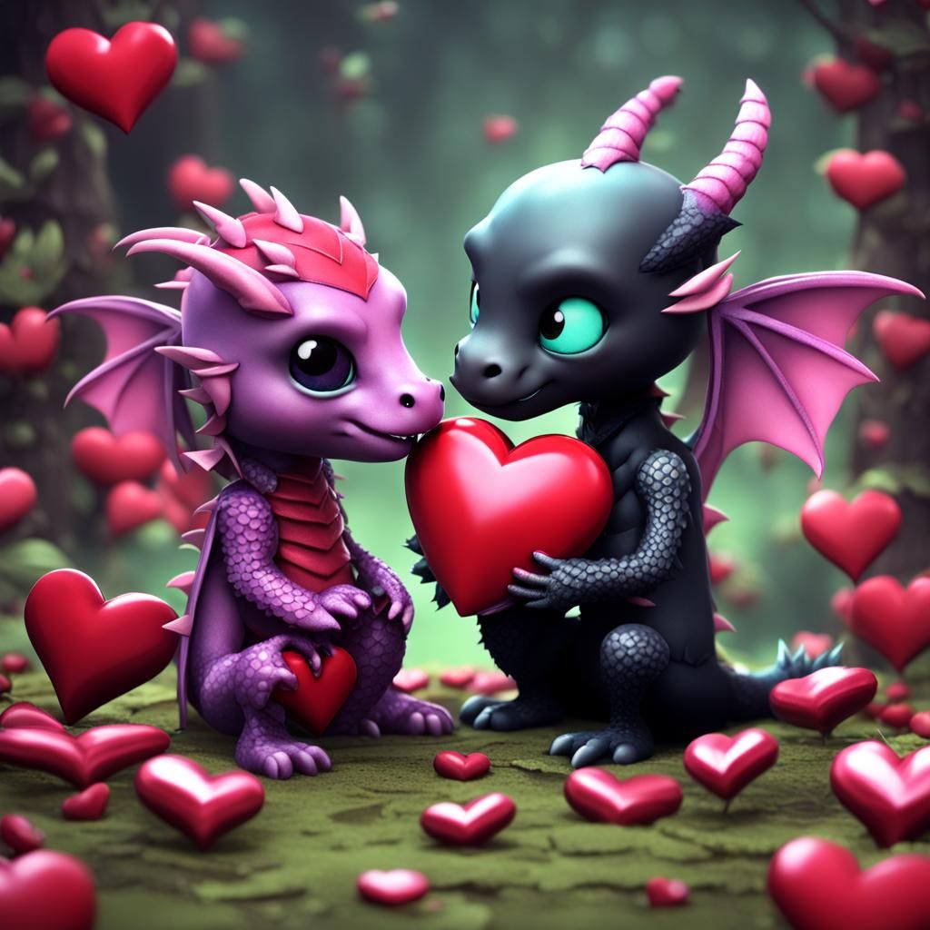 Chibi Dragon Offers Heart to Goth Fairy