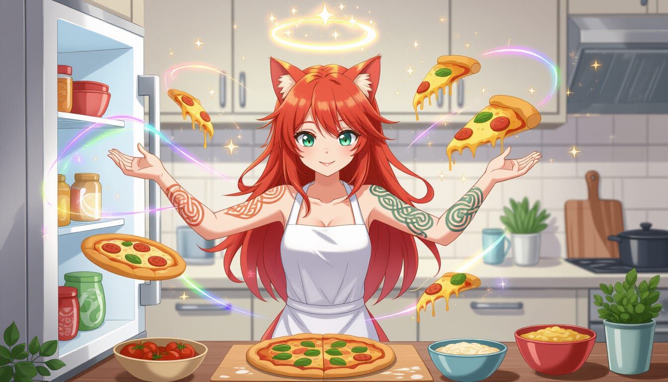 Red-Haired Cat-Girl Conjures Pizza in Watercolor Style