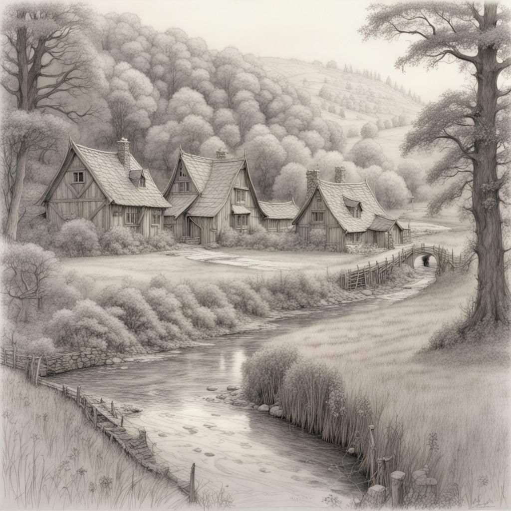 Detailed Line Drawing of Fantasy Homestead by River