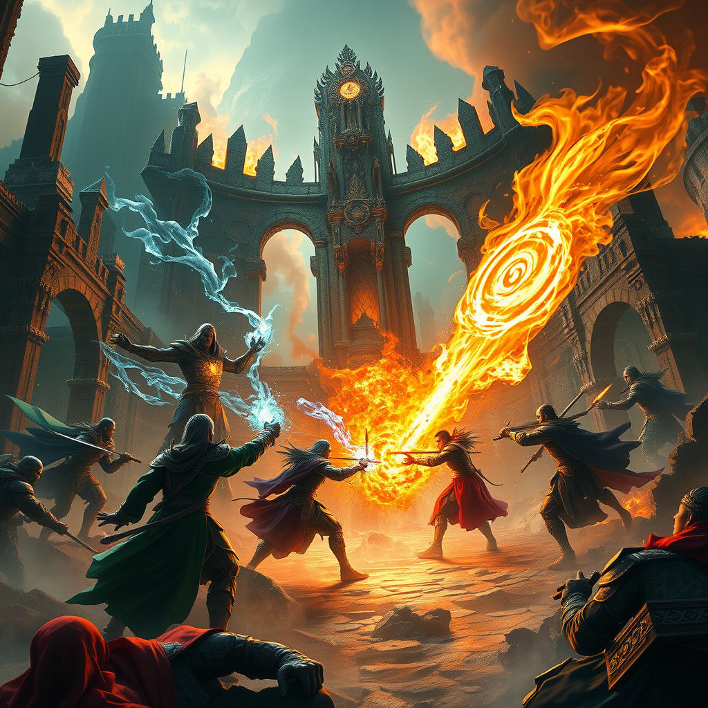 Epic Battle in Mystical Ruins: High-Fantasy Concept Art