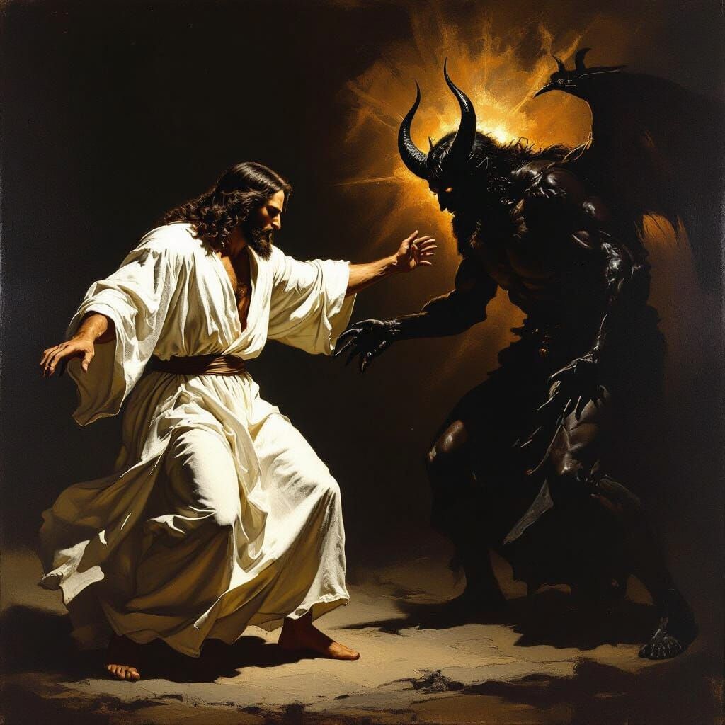 Jesus Defeats Devil in Dramatic Chiaroscuro Style