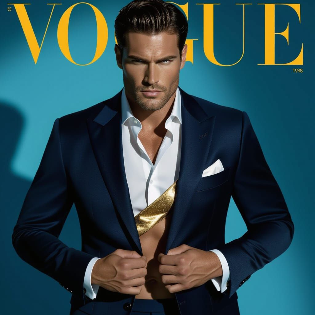 Vogue Cover: Man in Tailored Suit with Dramatic Lighting
