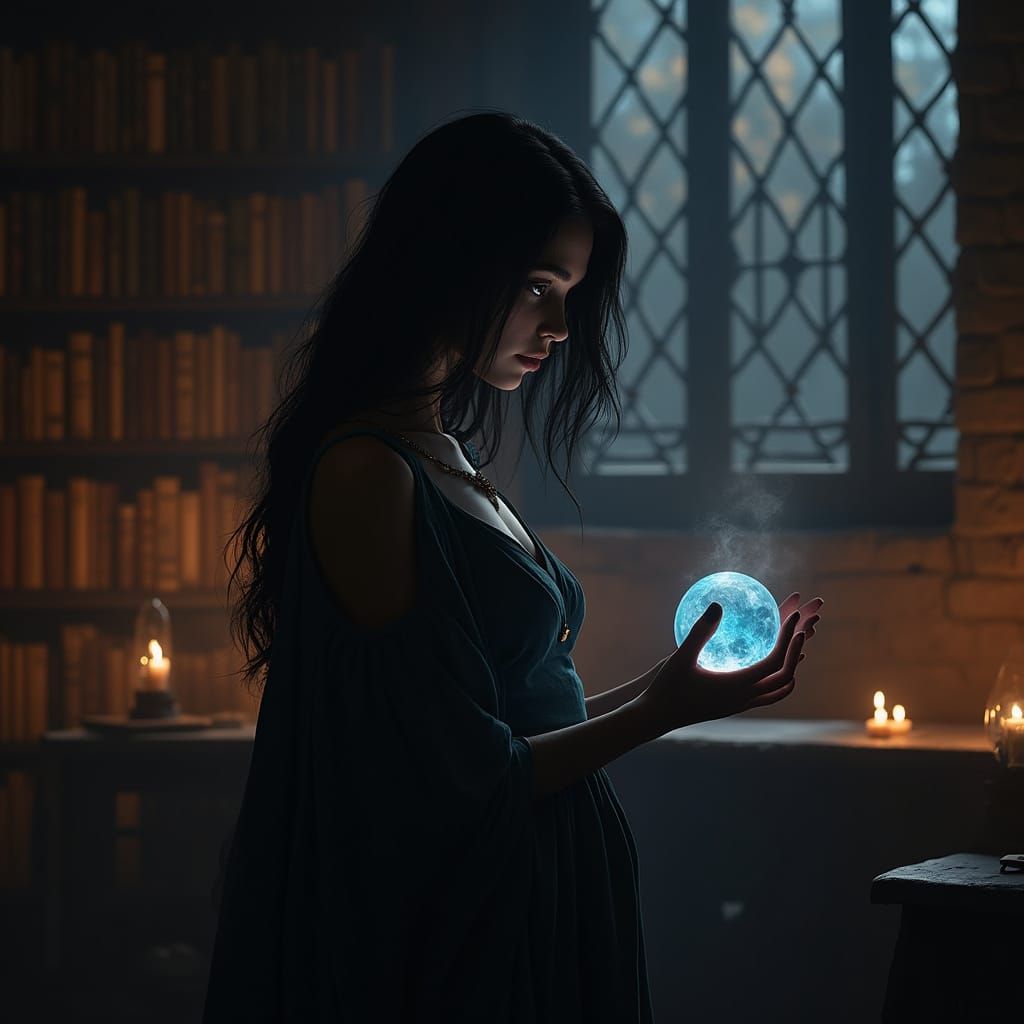 Mysterious Witch Practicing Magic in Medieval Library