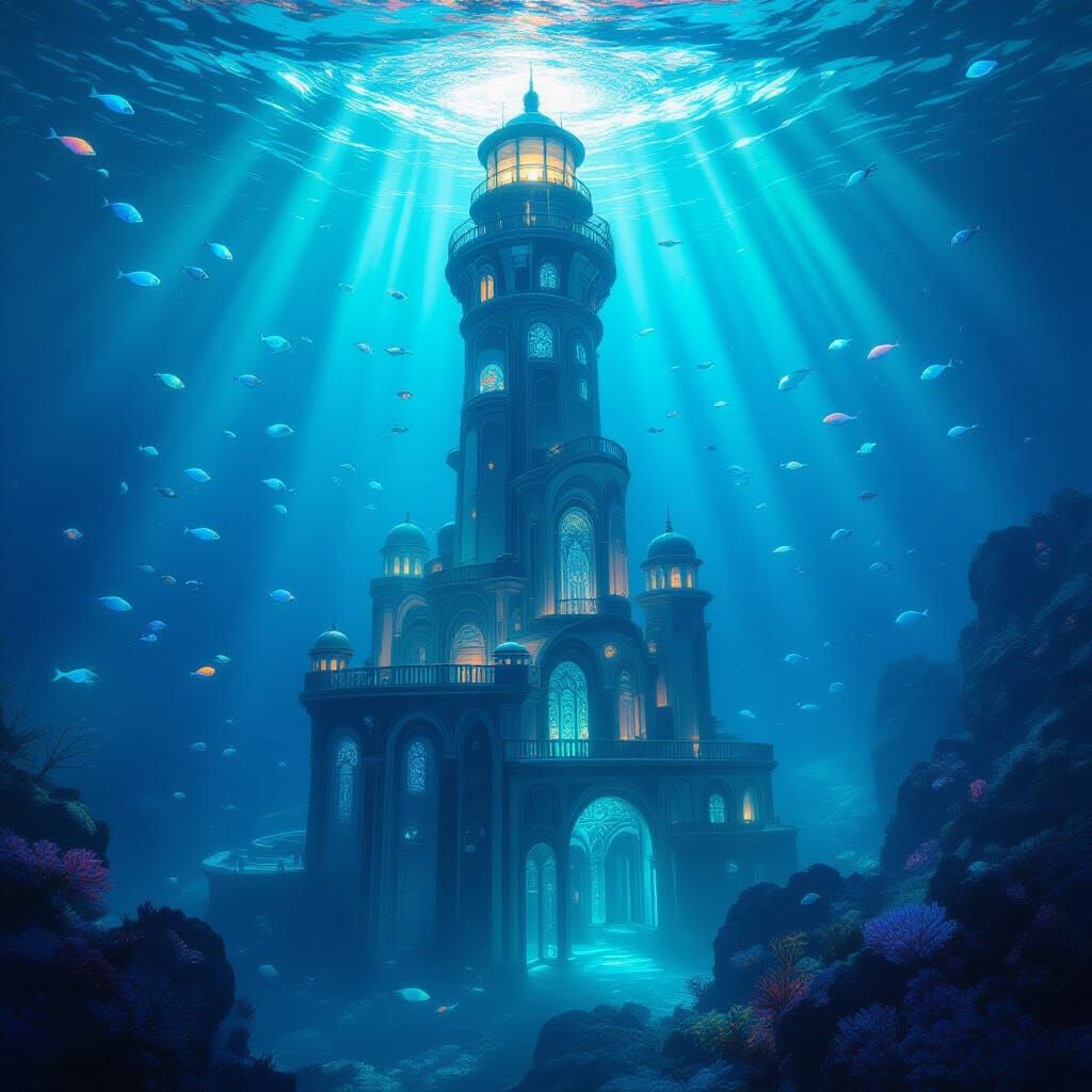 Underwater Art Nouveau City in Giant Lighthouse