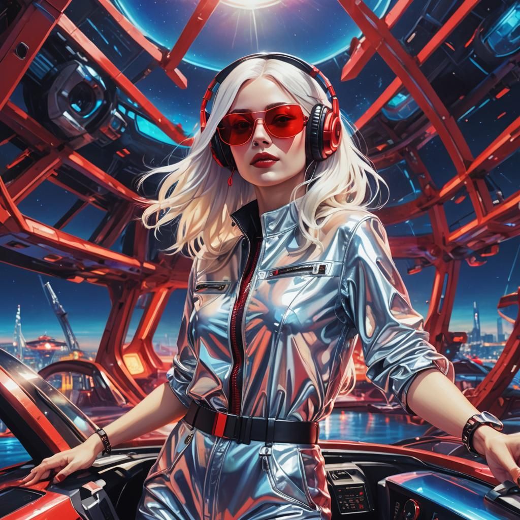 Futuristic DJ Girl in Neon Sci-Fi Landscape