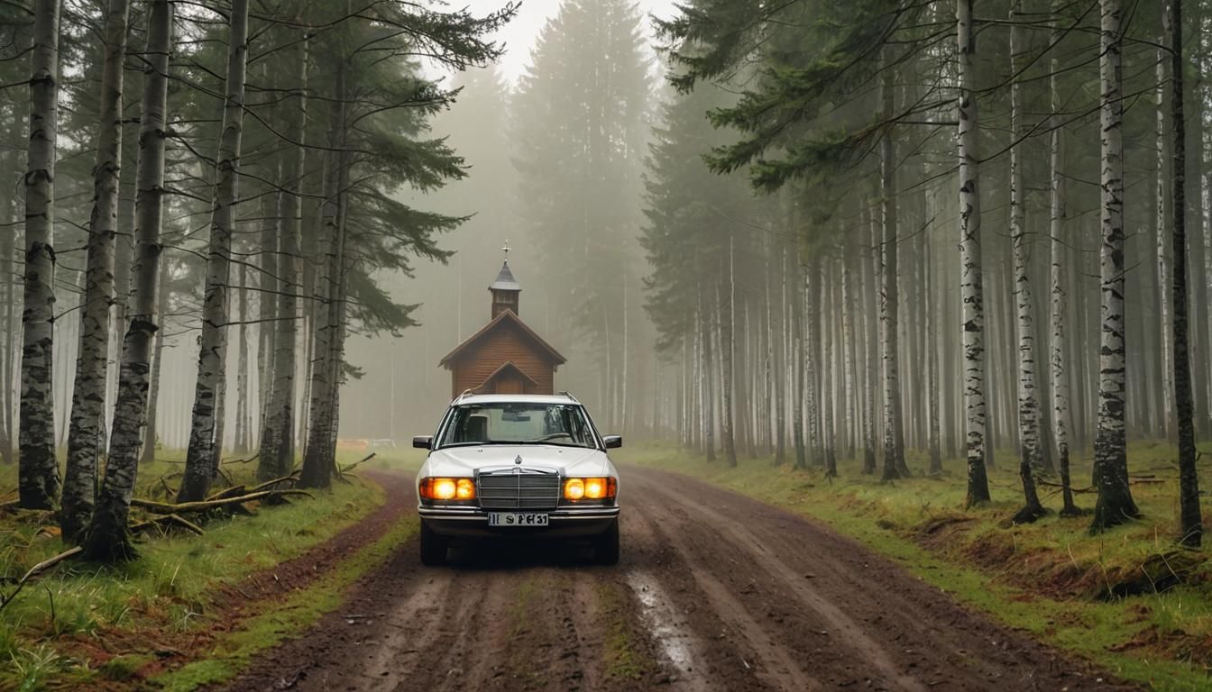 Mercedes S210 Wagon on Muddy Forest Road