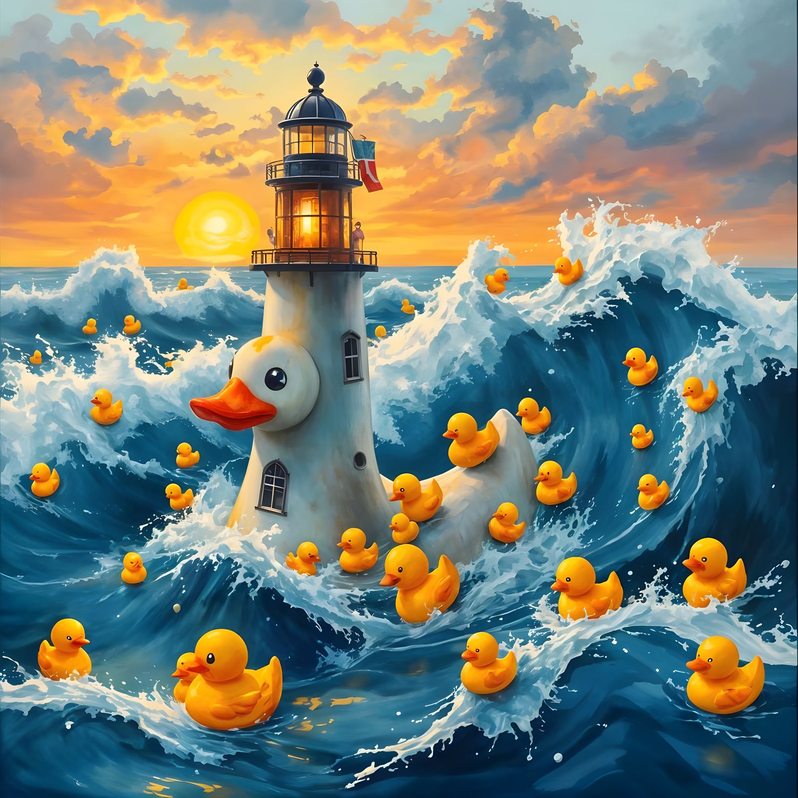 Whimsical Rubber Ducky Lighthouse Amidst Sunset Waves