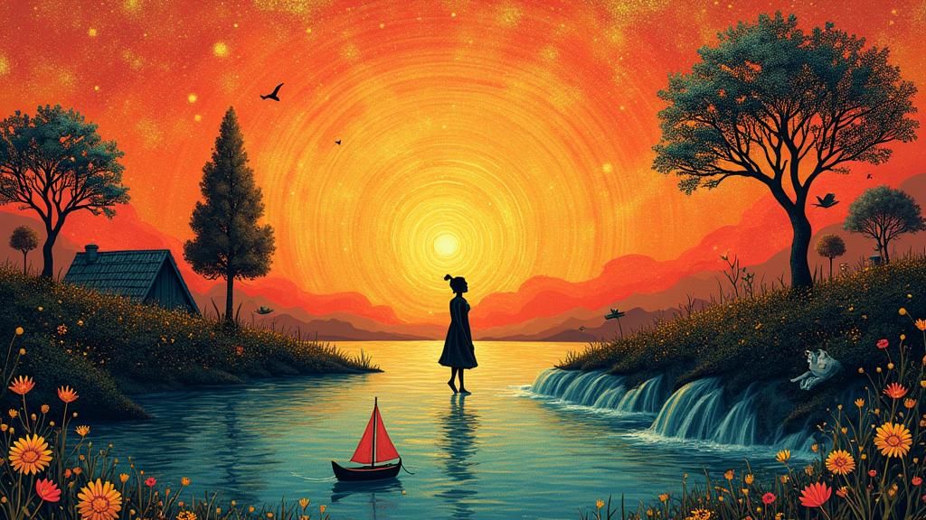 Sunset Cat-Woman in Art Brut Style