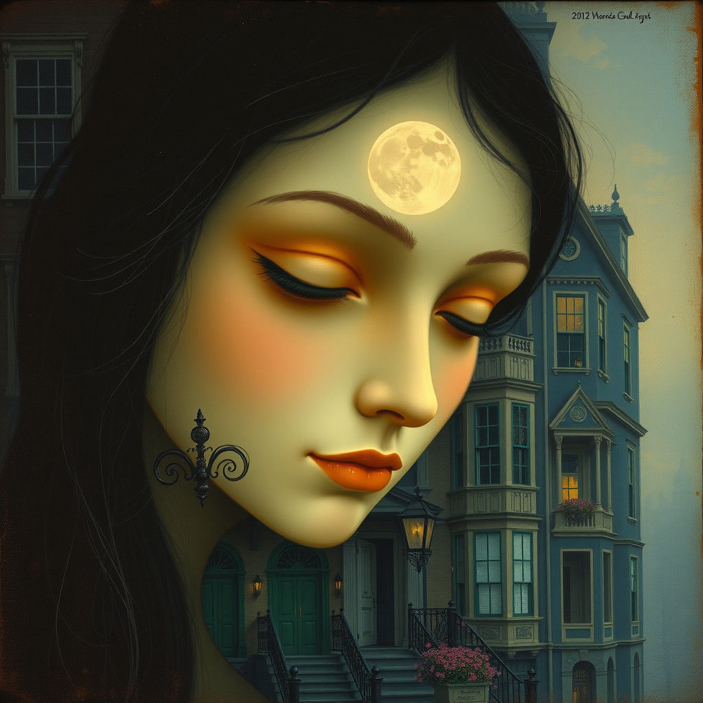 Moonlit Face over Victorian Townhouses in Expressionist Styl...