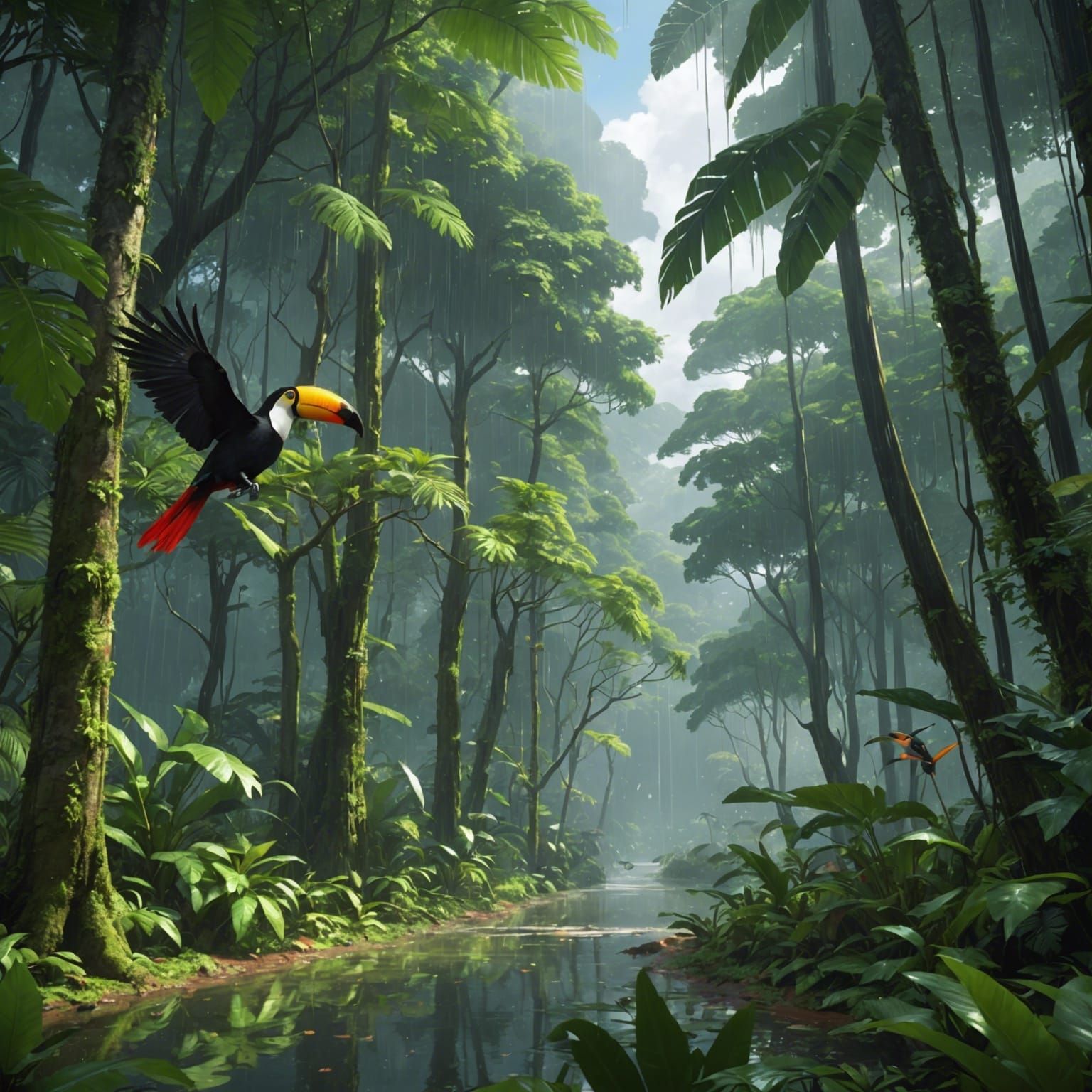 Lush Rainforest Scene in 3D Anime Style
