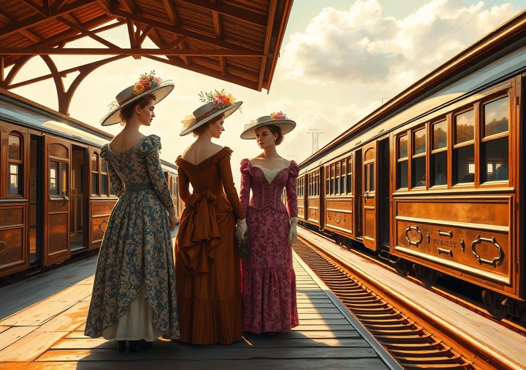 Victorian Ladies Awaiting Train in Gurney Style