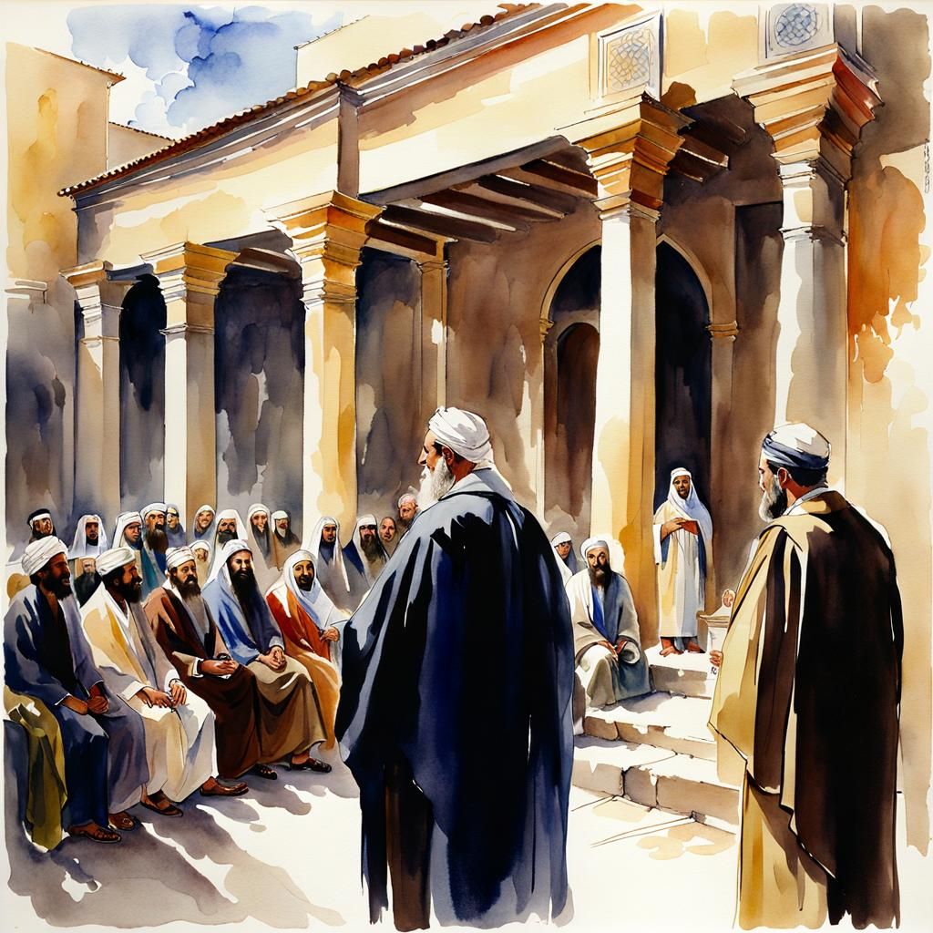 Paul Preaching at Jobar Synagogue: Watercolor Painting