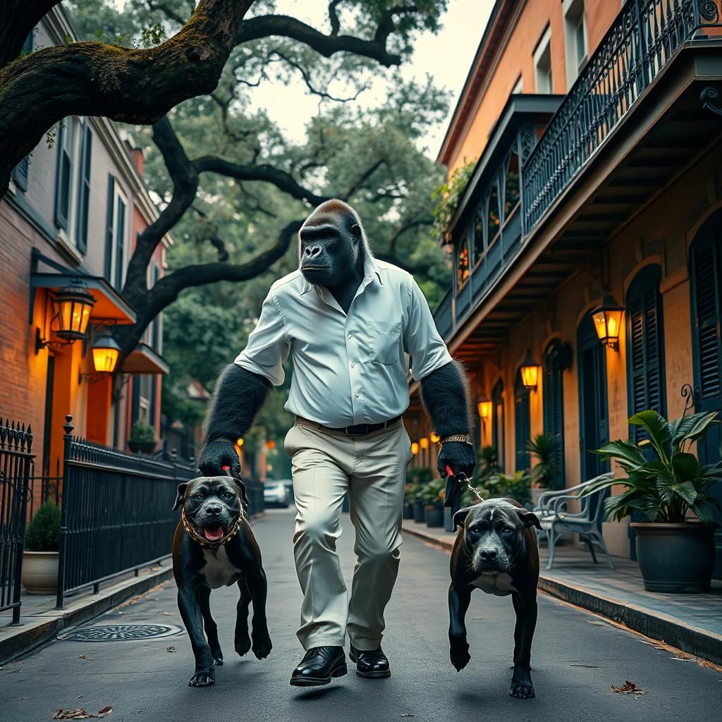 Gorilla Walks Pit Bull in New Orleans, Hyperrealistic Art