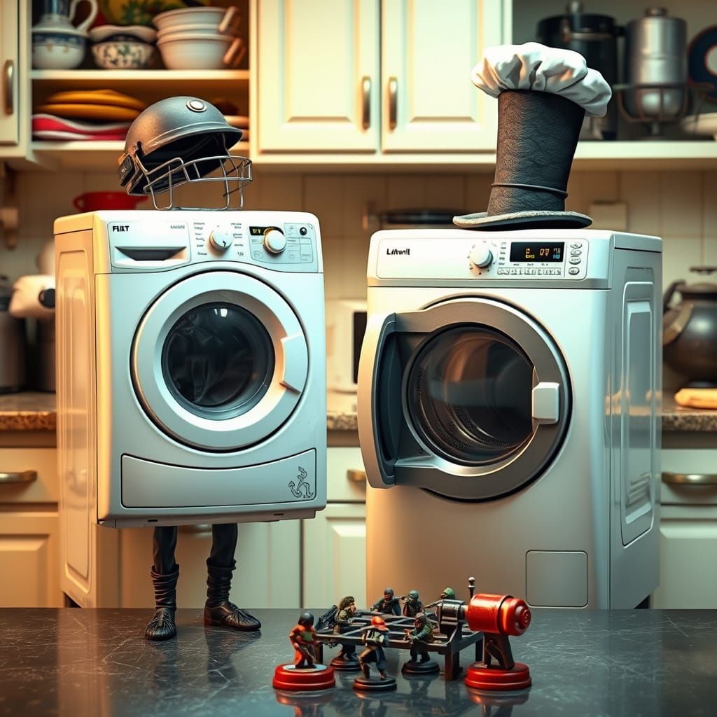 Washing Machines Play Warhammer in Whimsical Kitchen Scene