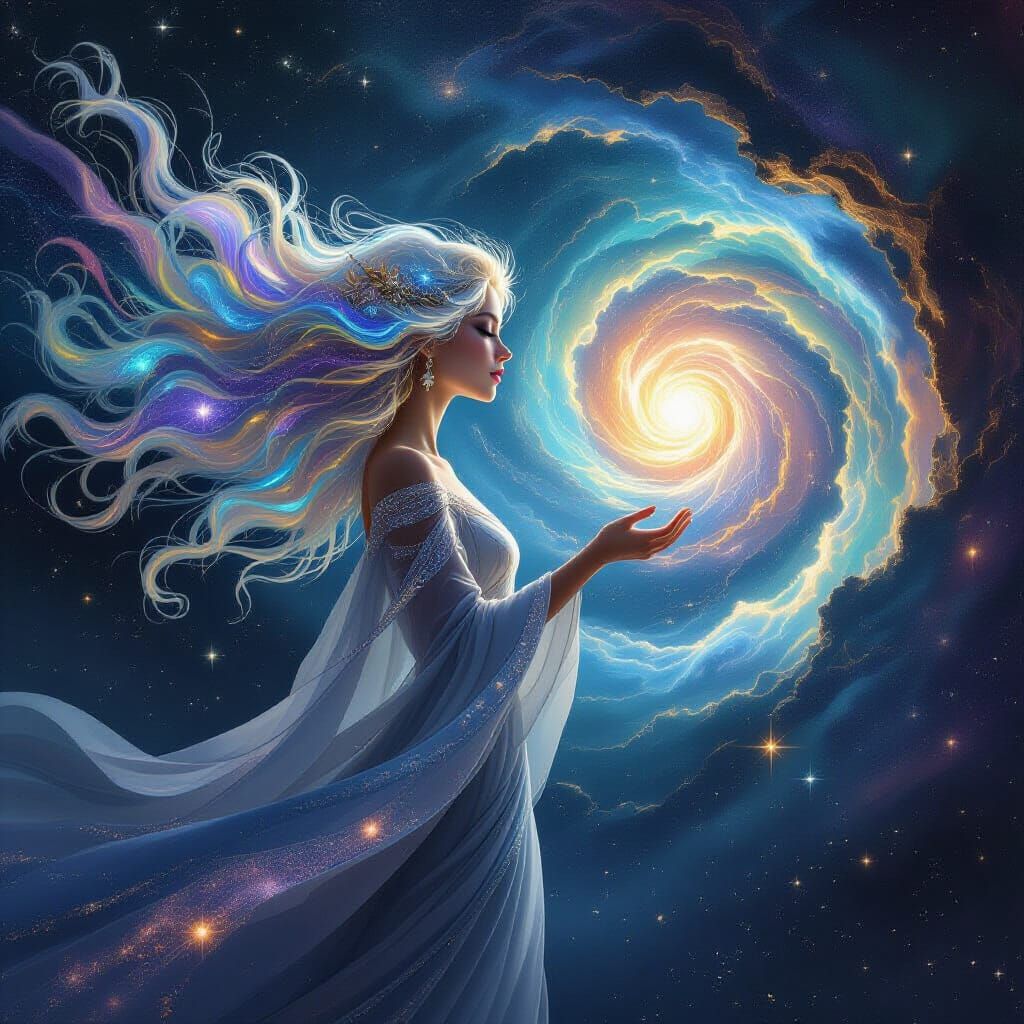Cosmic Woman Gazing Into Energy Vortex in Art Nouveau Style