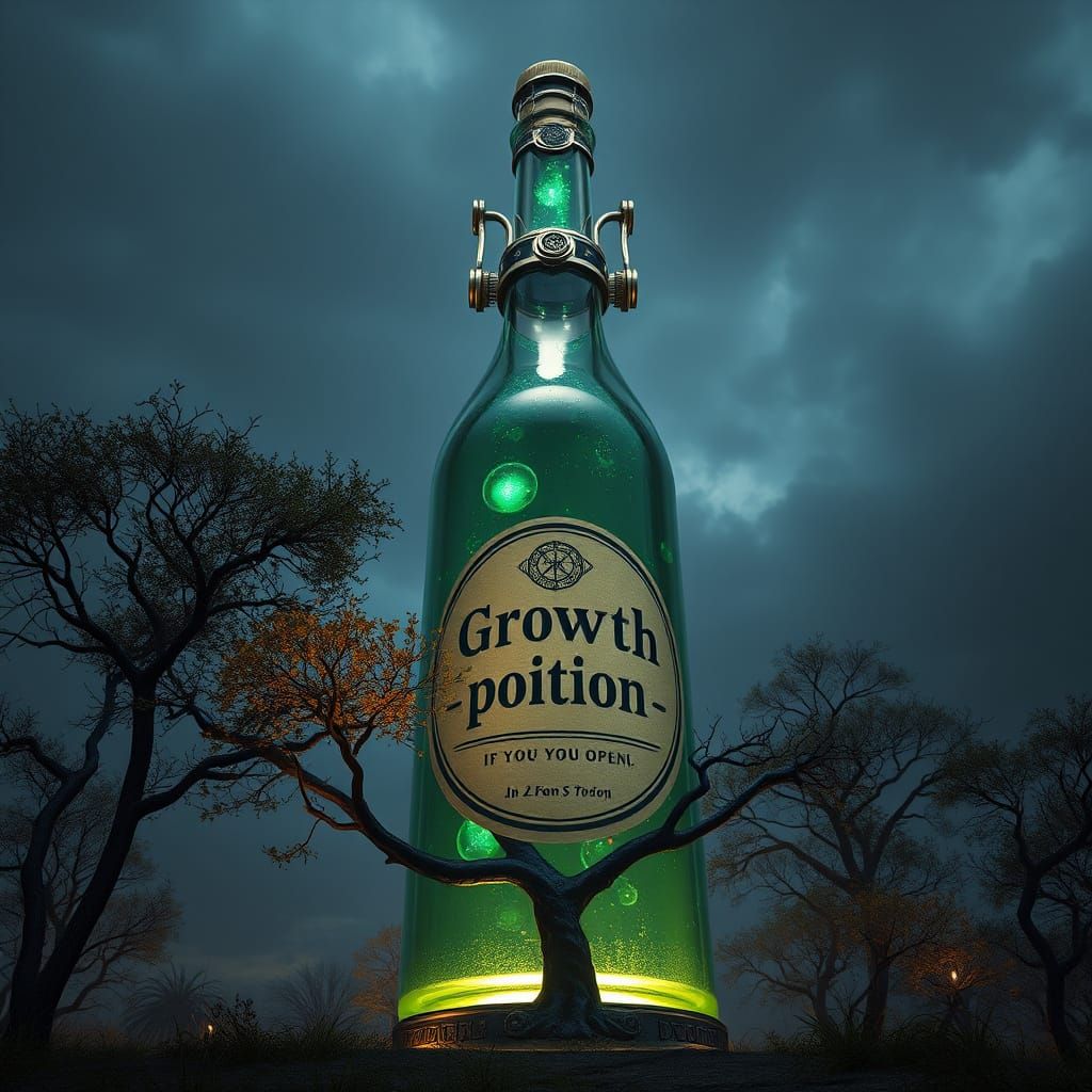 Gigantic Sci-Fi Bottle Towering Over a Tree