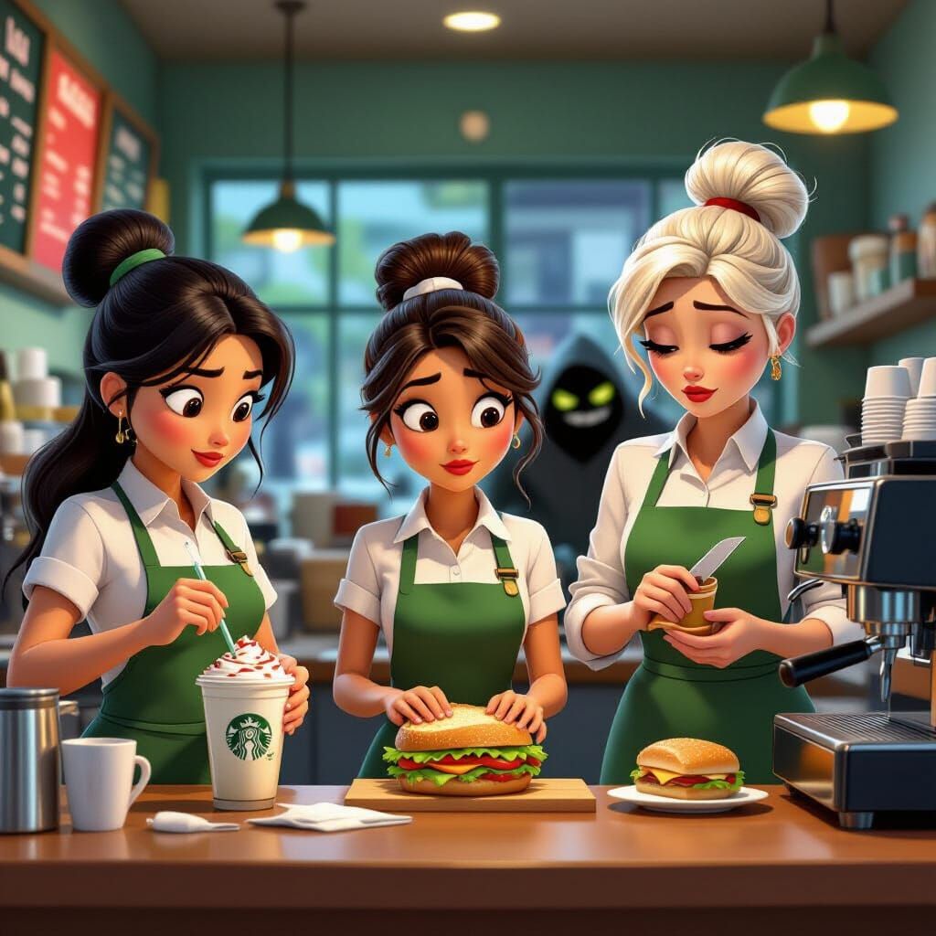 Stressed Starbucks Baristas in Pixar CGI Style