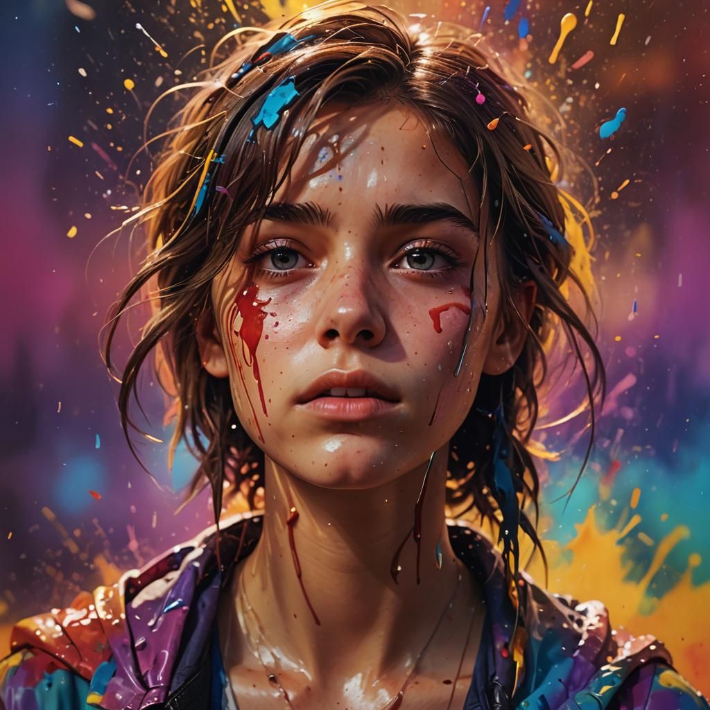 Regretful Gaze: Hyperrealistic Splash Art Portrait