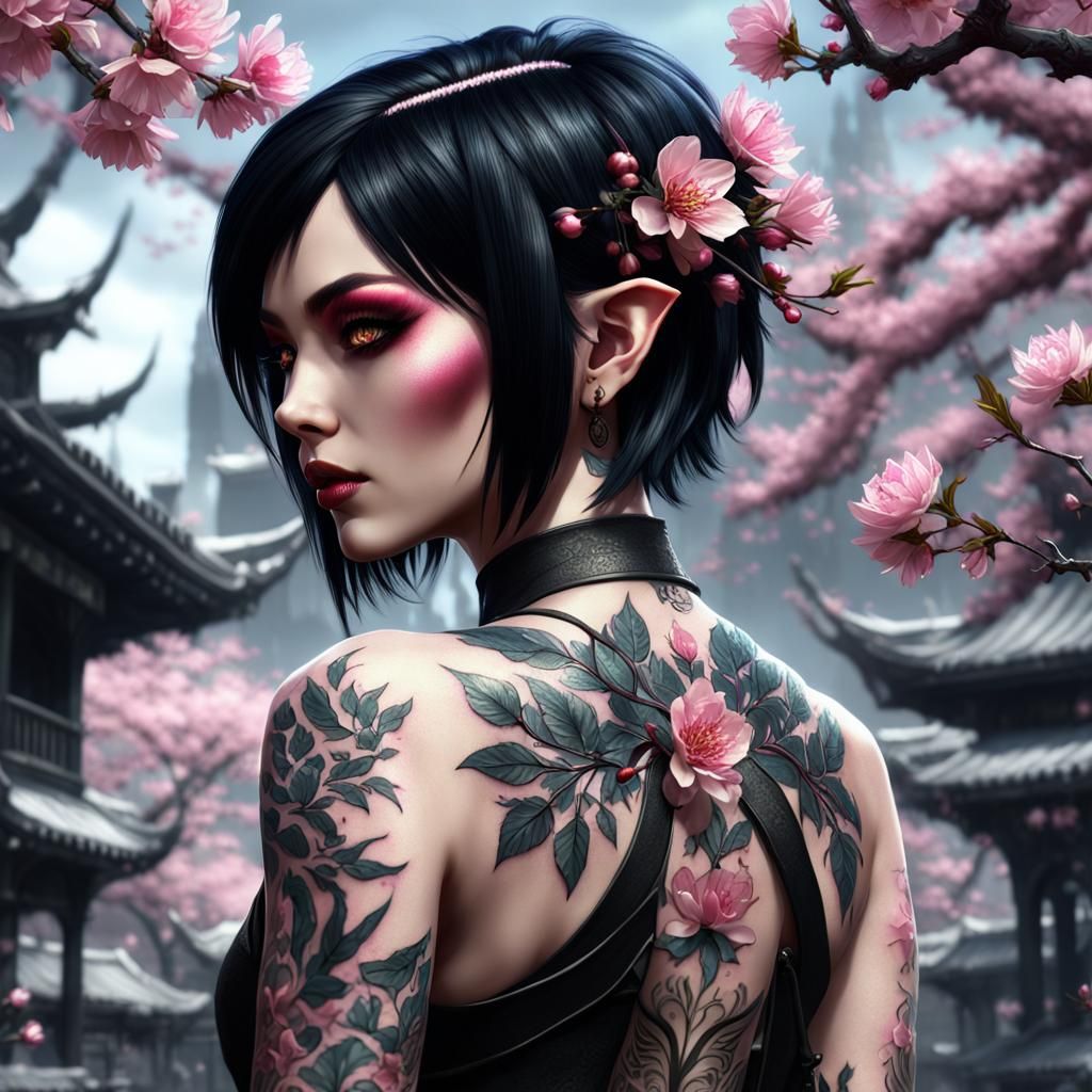 Goth Elf Girl with Cherry Blossom Tattoo Art