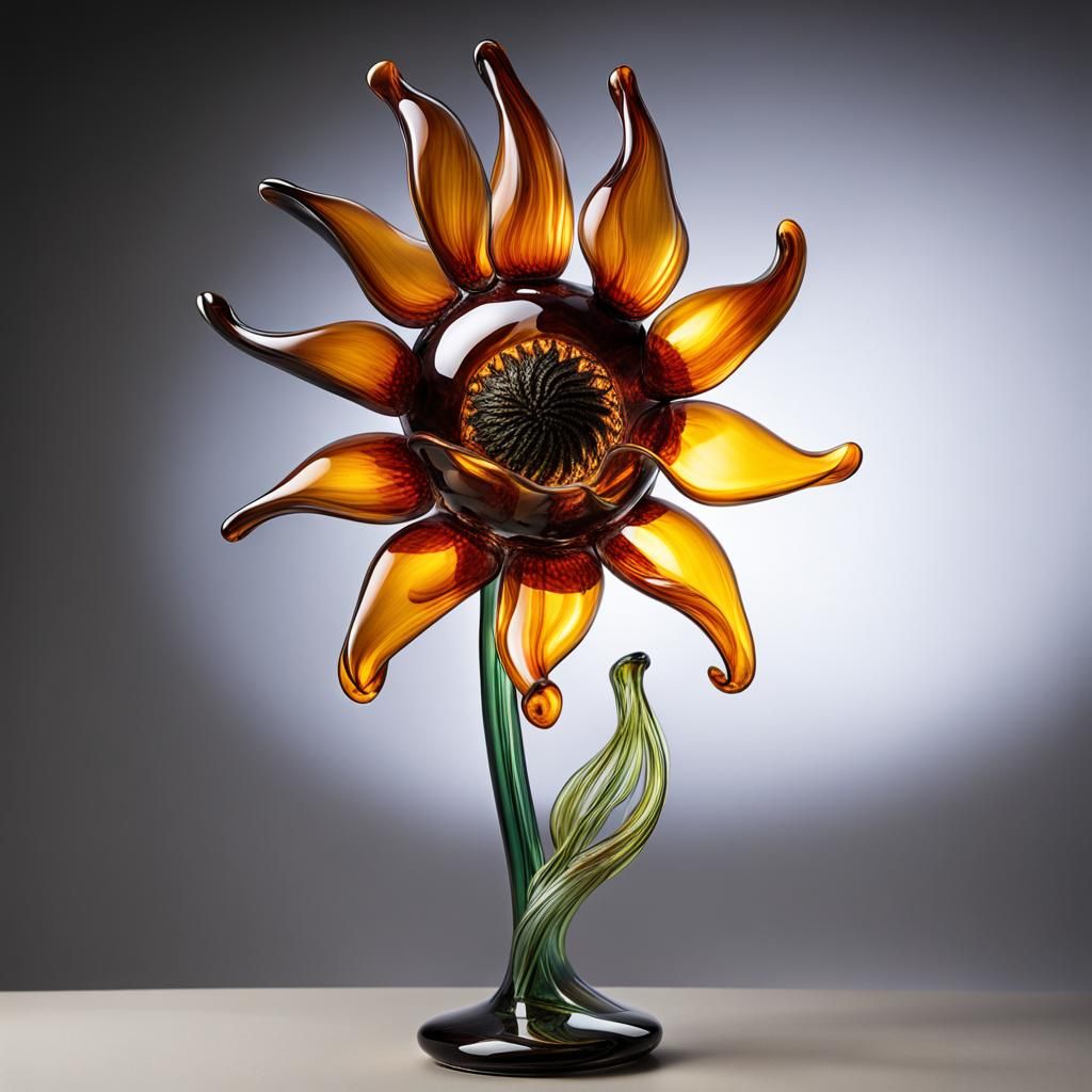 Blown Glass Sunflower Sculpture with Fire
