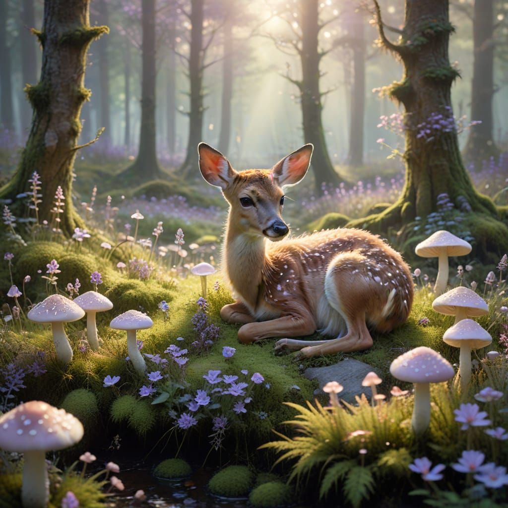Enchanting Forest Glade with Fawn and Glowing Mushrooms