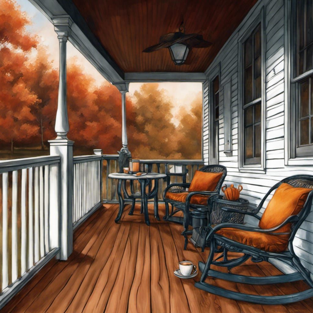 Morning Coffee on Autumn Porch in Pencil Sketch