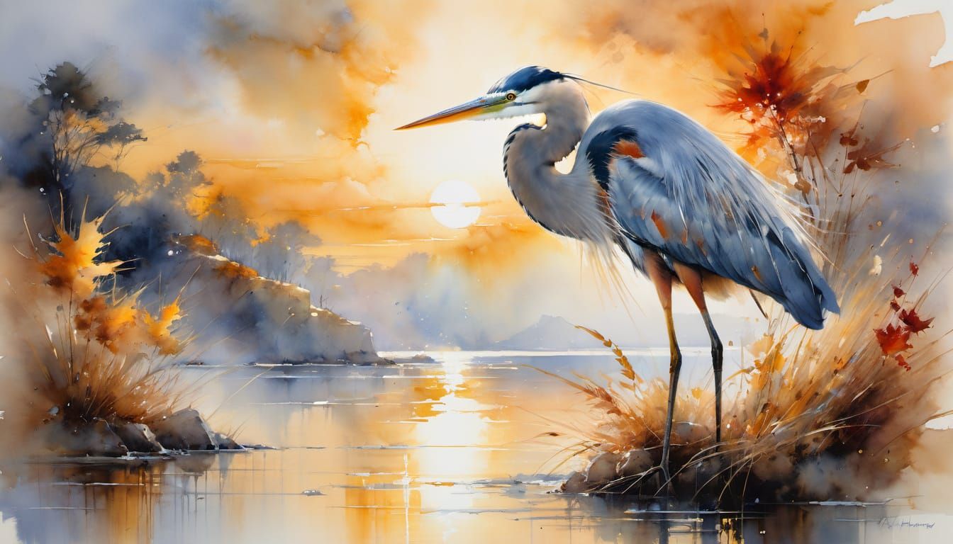 Great Heron at Sunset: Watercolour Autumn Seascape