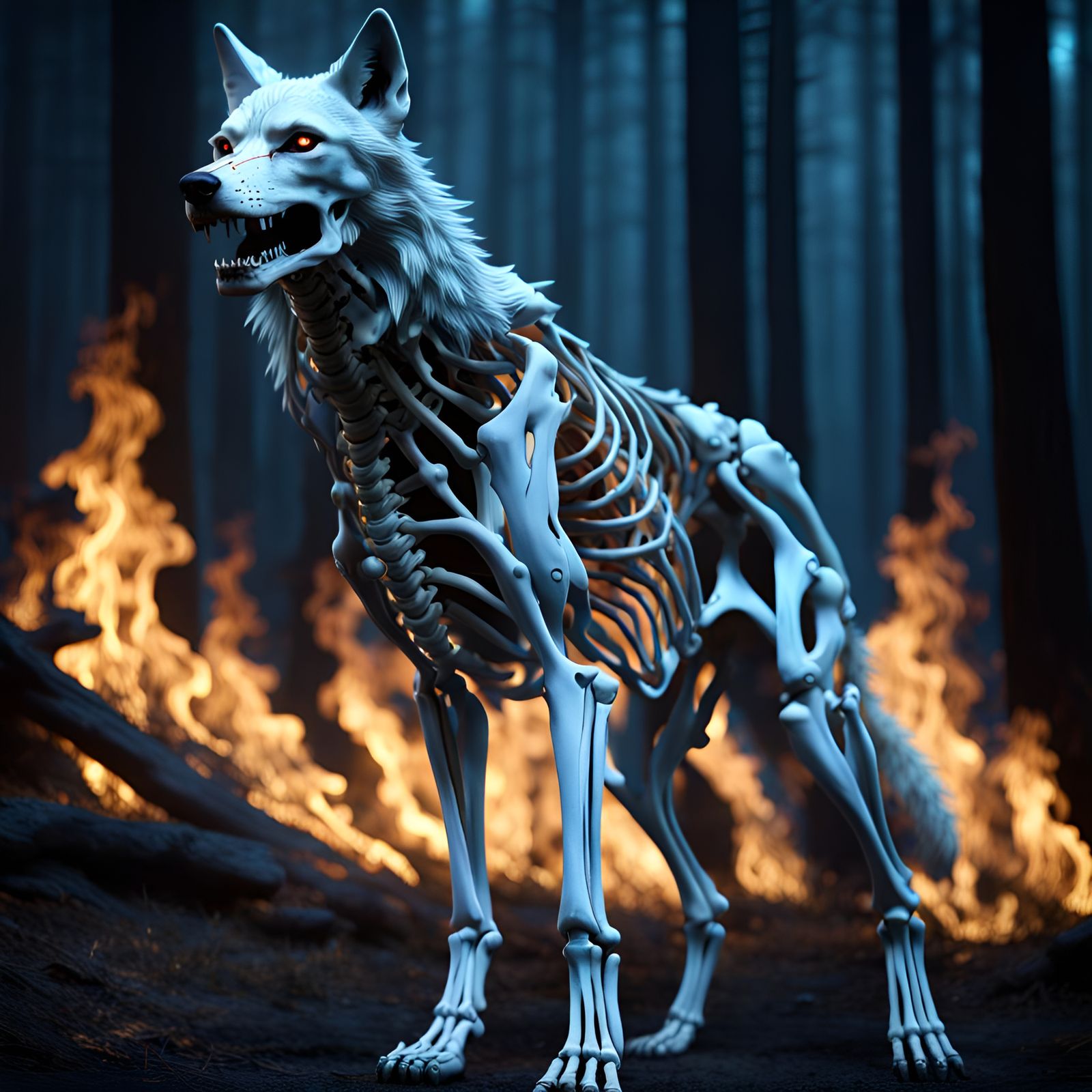Epic Wolf Skeleton Ablaze with Blue Fire