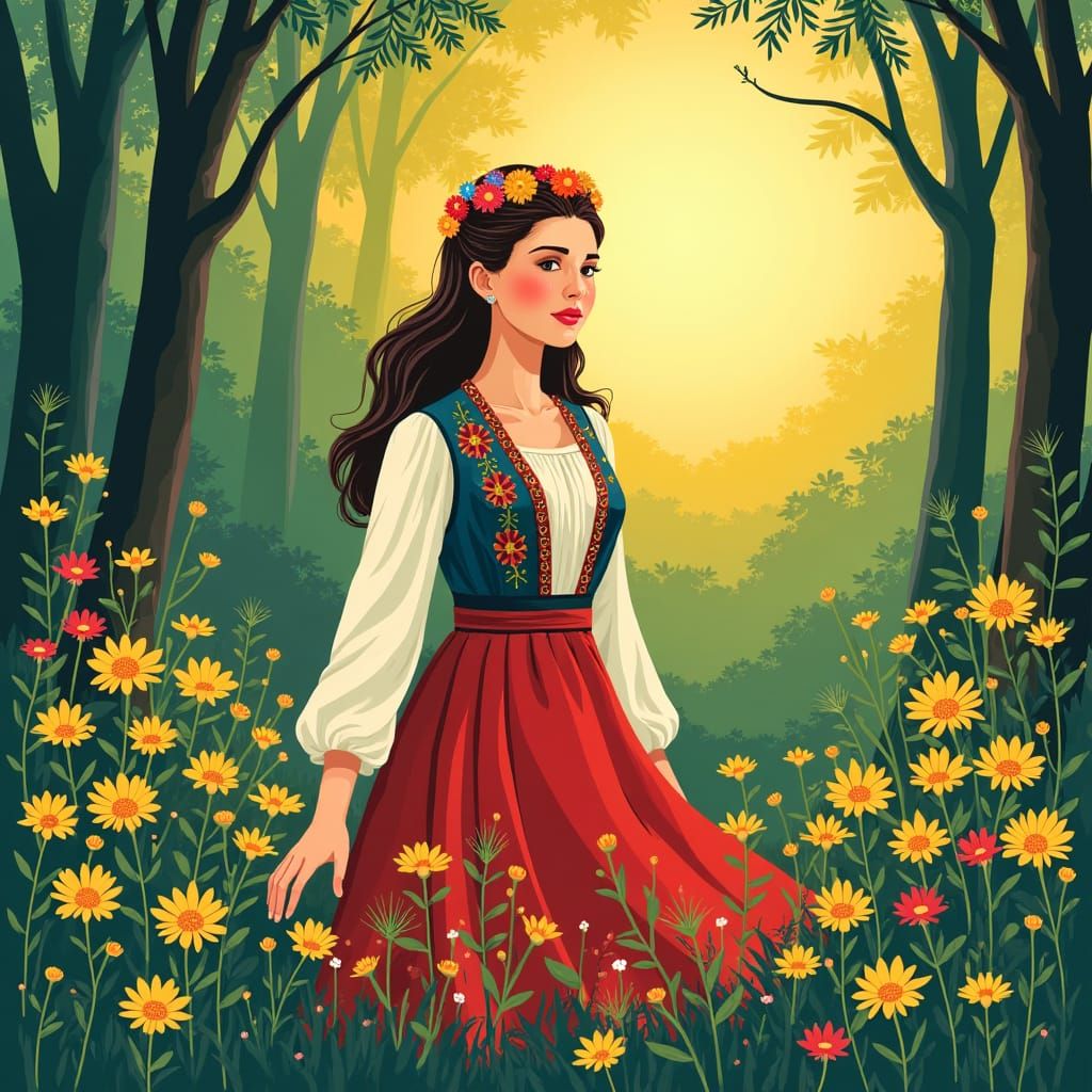 Ukrainian Woman in Floral Landscape as Soviet Poster Art