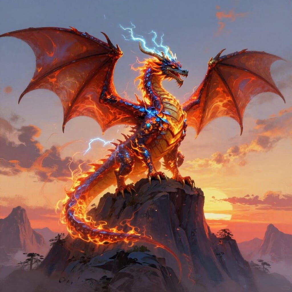 Dragon on Mountain Peak with Dual Sunset