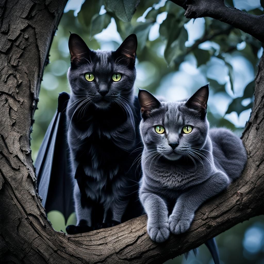 Winged Cats in a Dark Tree: Fantasy Art