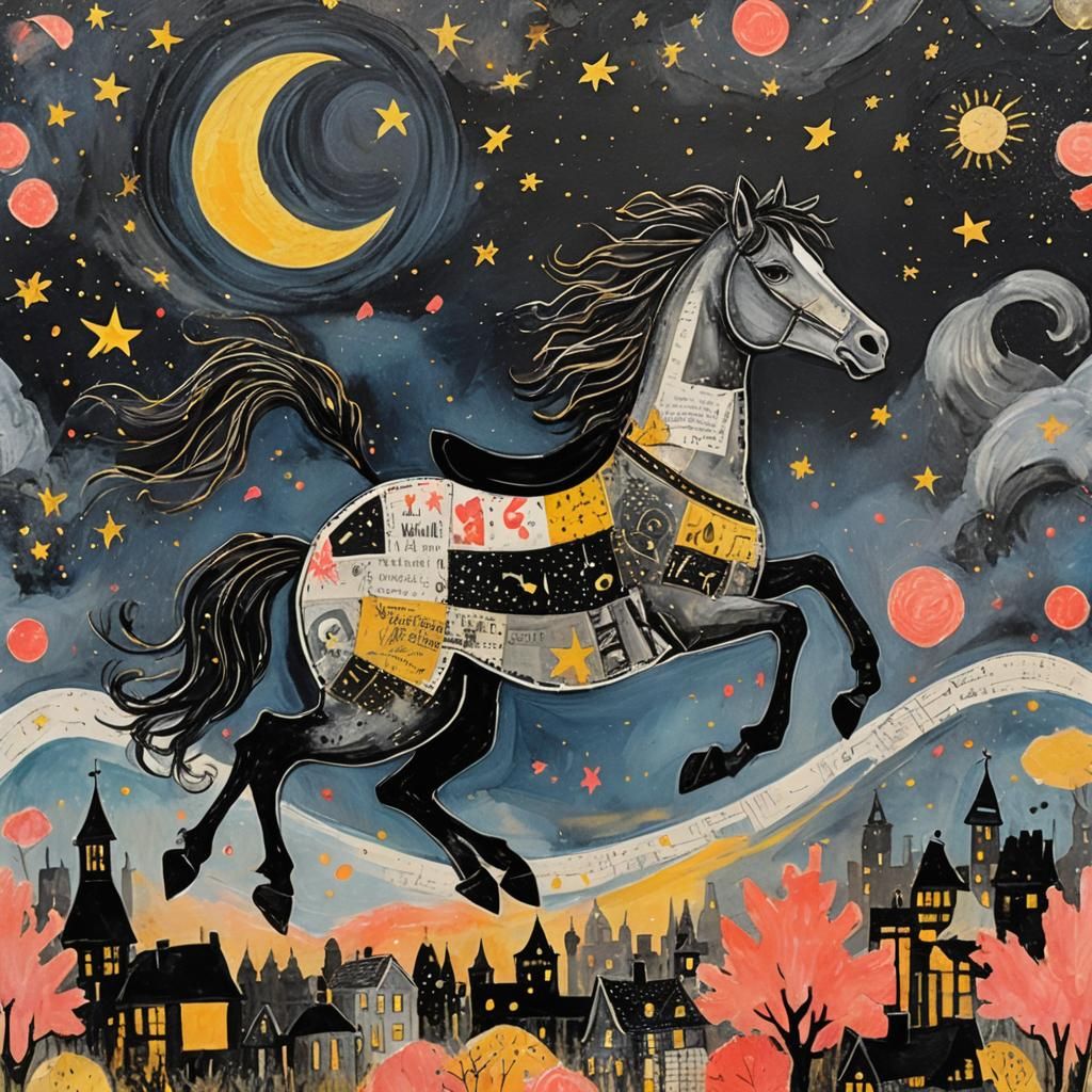 Whimsical Nighttime Horse and Cat in Collage Style