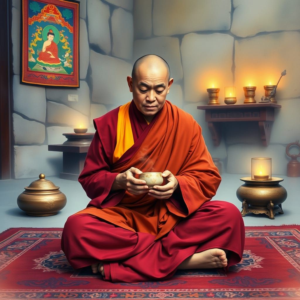 Tibetan Monk Sits in Serene Monastery, Enjoying Traditional ...