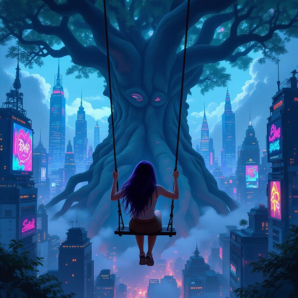 Cyberpunk Fantasy: Woman Swinging in Futuristic Cityscape