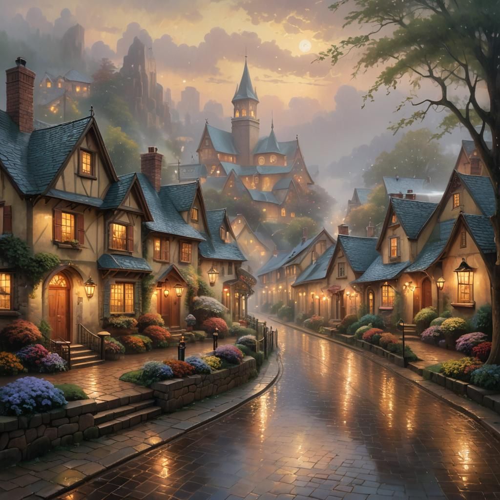 Ethereal Village Landscape in Romantic Style