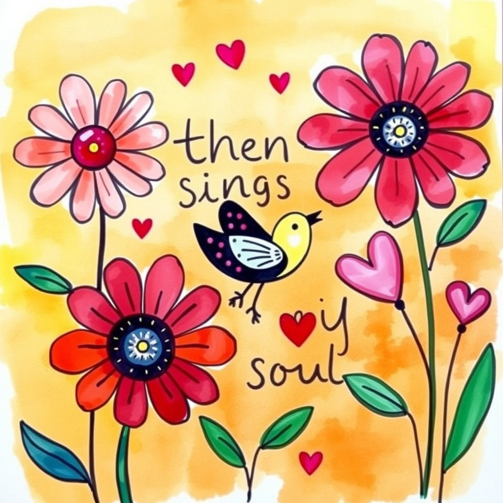 Whimsical Watercolor Bird and Flowers with Hearts