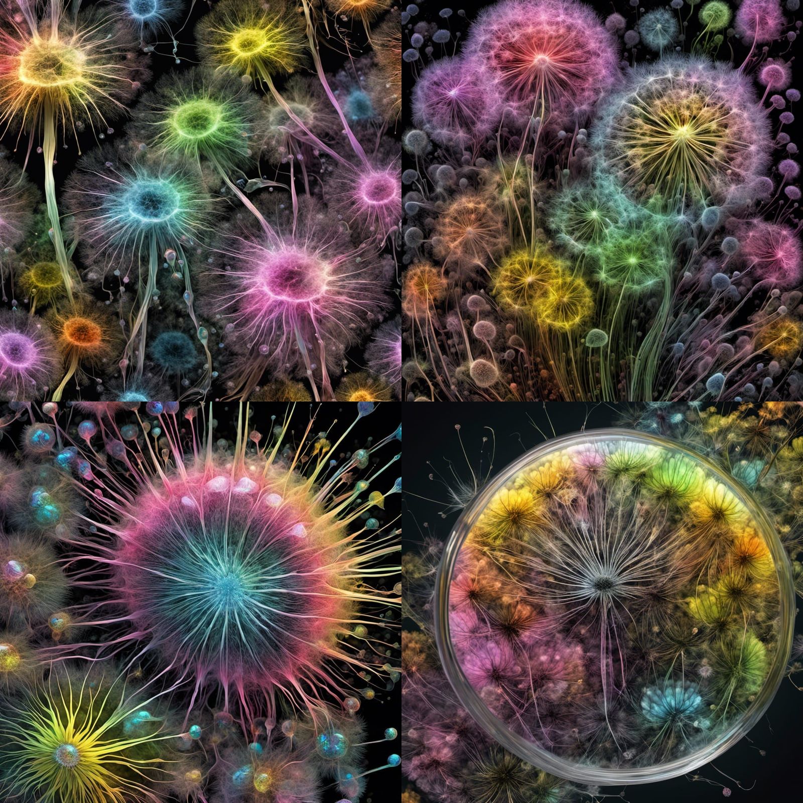 Bioluminescent Dandelions Spilling from Jar: Fractal Art
