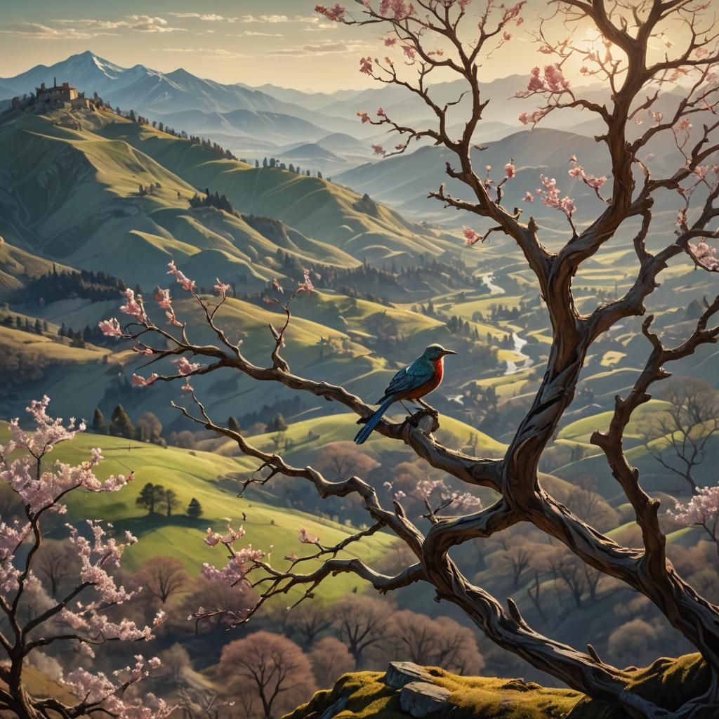 Ethereal Bird on Spring Tree in Fantasy Landscape
