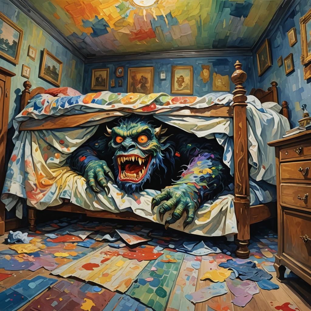 Monster Under Bed in Impressionist Gouache Style