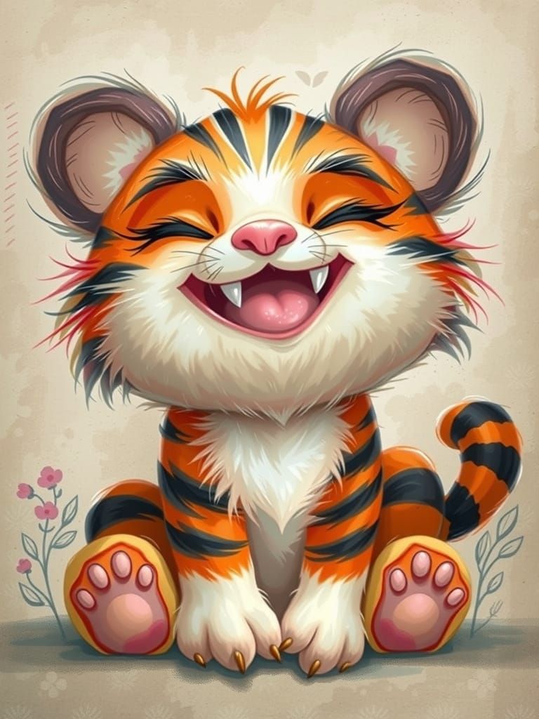 Whimsical Orange Tiger Cub with Floral Background